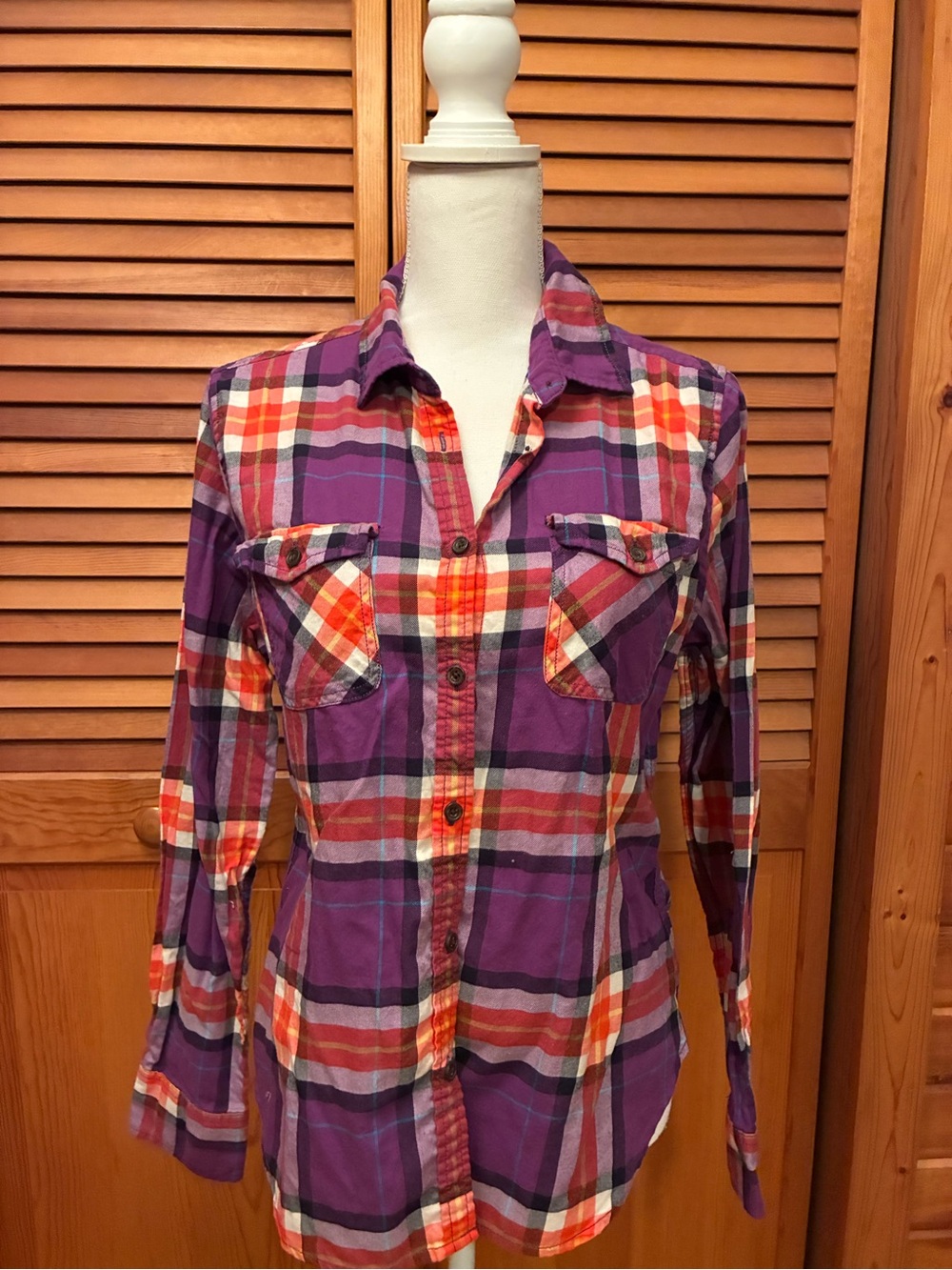American Eagle Outfitters Purple, Orange & White Plaid Button-Down Shirt